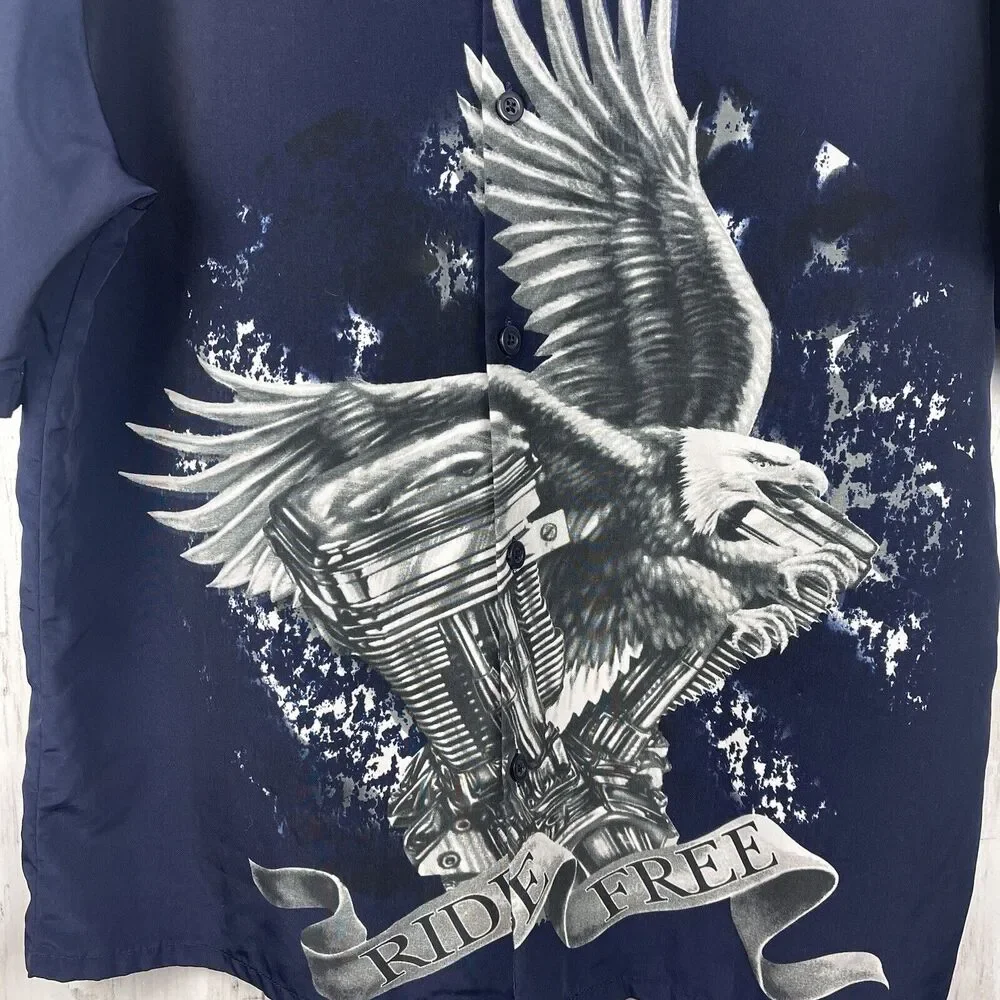 No Boundaries Shirt Men Medium Navy Blue Button Front Camp Eagle Ride Free‎